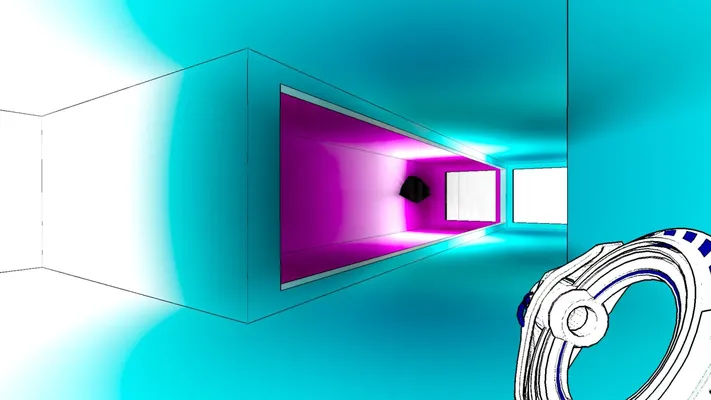 Screenshot of Antichamber showing the strange hypercube in a hallway.
