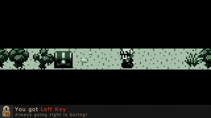 Screenshot of Evoland showing how it starts with little more than the ability to move left and right in a monochrome grid.