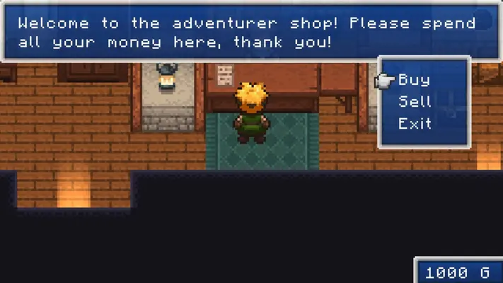 Screenshot of Evoland showing you can buy and sell items at a merchant with dialogue menus.