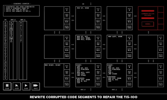 Screenshot of TIS-100 showing the basic interface.
