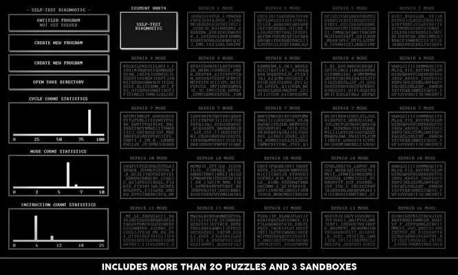 Screenshot of TIS-100 showing the puzzle menu.