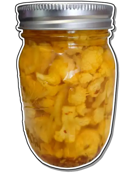 Tumeric pickled cauliflower in a mason jar, ready in a couple hours.